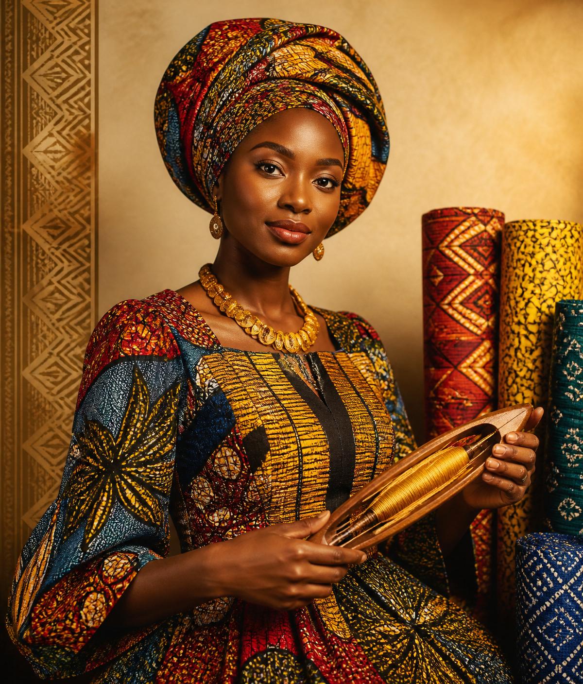 Femme guinéenne en tenue traditionnelle avec navette de tissage